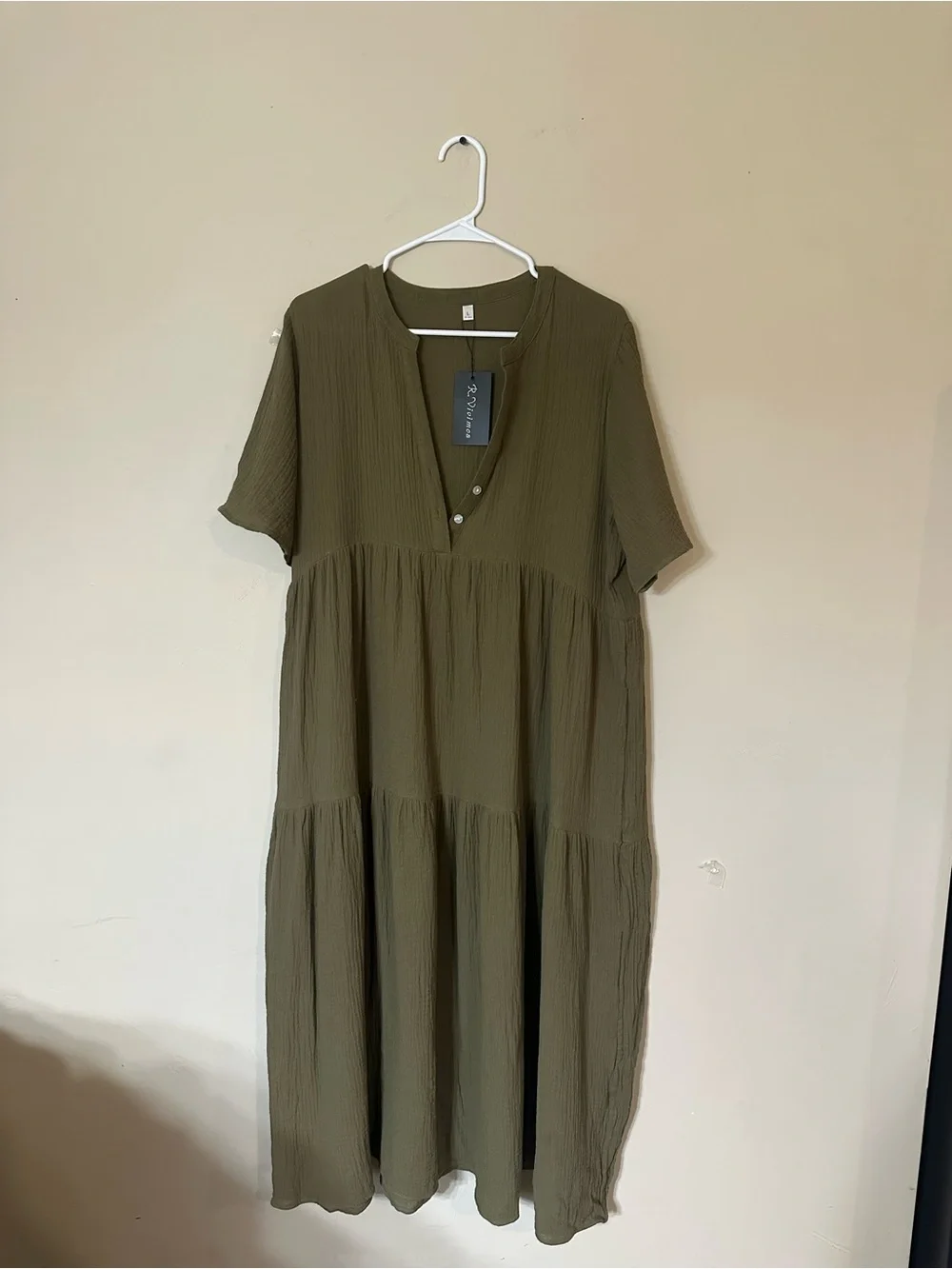 Plus-Size‎ Olive Green Tiered Maxi Dress with Button Front